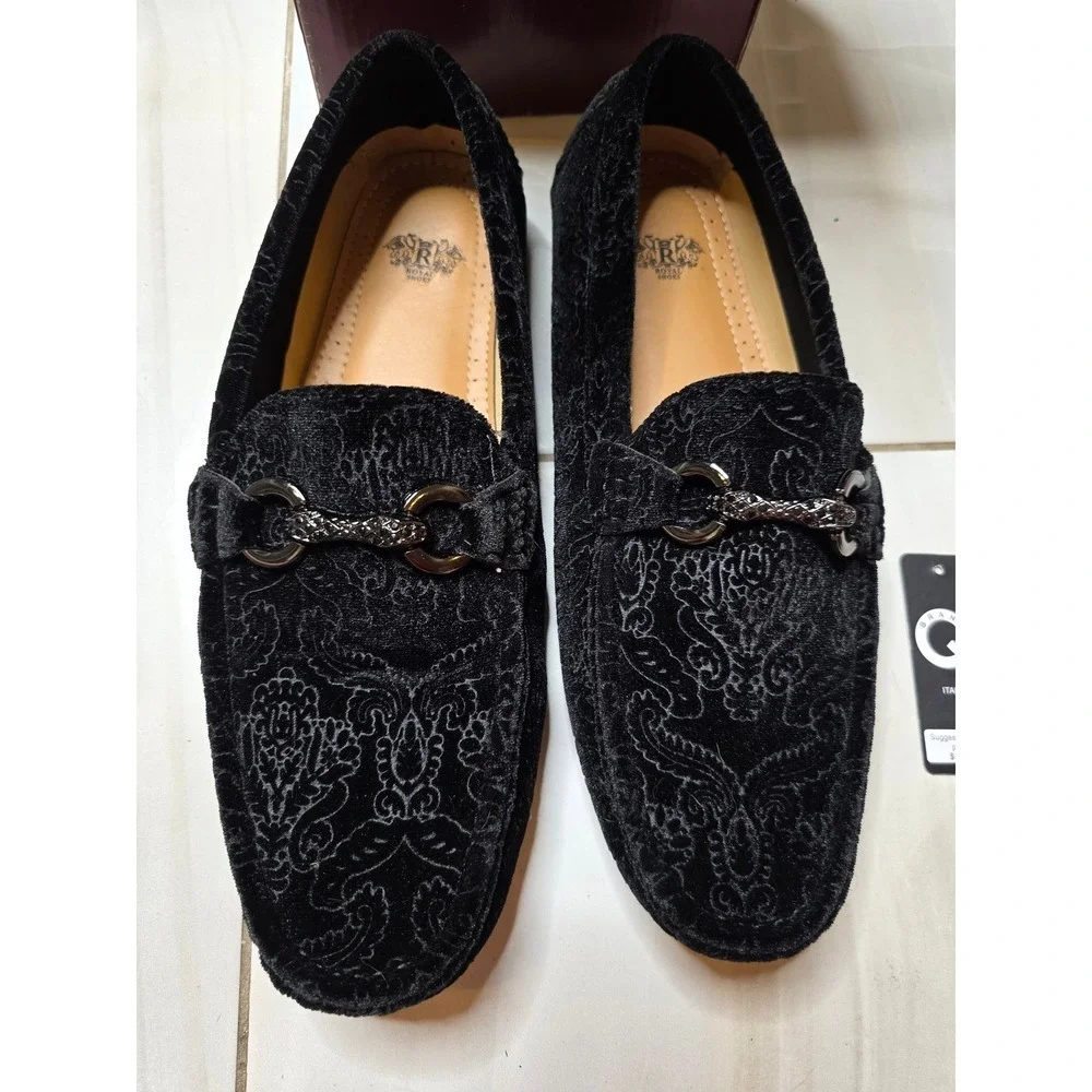Royal Shoes Mens Black Velvet Paisley Damask Bit Loafers MOC-107 Size 8.5‎ NEW